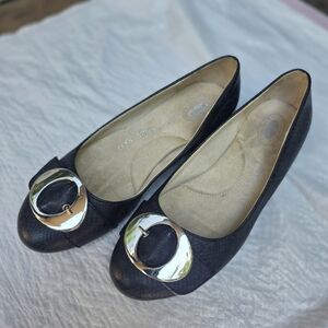 DR SCHOLLS Womens 8.5 Black Faux Snakeskin Ballet Flats Slip-on Shoes